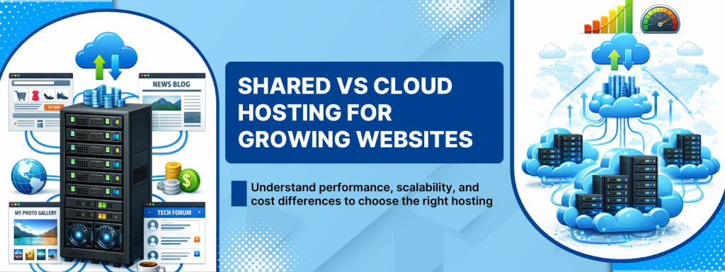 shared vs cloud hosting for growing websites comparison showing server and cloud infrastructure differences
